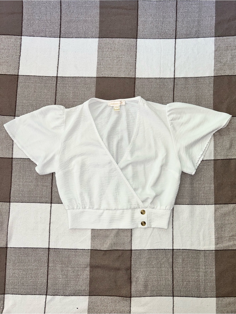 Monteau White Cropped Wrap Blouse with Button Detail